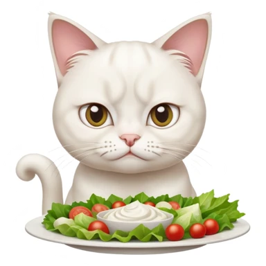 grumpy white cat sitting at a table, looking confused with its ears slightly back. In front of the cat is a plate with a salad sticker