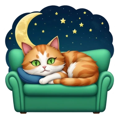 tricolor fluffy cat with big green eyes sleeping on a sofa with a moon above her sticker