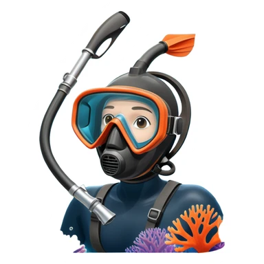 An icon featuring a close-up of a freediving mask and snorkel, with a breath-holding diver's fins, set against a vibrant underwater world. The design includes coral reefs, fish, and bubbles, symbolizing the serene beauty and thrill of freediving. Transparent background highlights the calm sticker