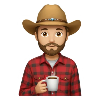generate an ios genmoji of a 20 year old tan boy with a cowboy hat and french beard. Wearing a flannel and carrying a coffee mug sticker