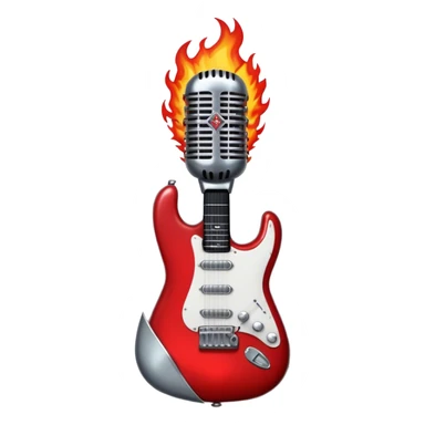 Create a bold and powerful emoji representing rock vocal performance in a humanless collage. The design should feature a vintage microphone at the center, surrounded by a heavy, aggressive hardcore electric guitar with sharp, jagged edges. Include crossed drumsticks behind the guitar, symbolizing the intense rhythm of rock music. Add fiery elements like flames or lightning bolts to enhance the raw energy of the design. Use dark, bold colors like black, red, and silver, with metallic or chrome accents to reflect the rebellious, hard-hitting nature of rock. The background should be transparent. sticker