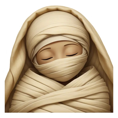 A snug, cozily wrapped mummy, fully encased in soft, slightly loose bandages, even its face gently hidden behind folds with only a tiny glimpse of sleepy eyes, nestled in warm, faded tones with gentle golden accents, simplified yet irresistibly charming, highly detailed with a soft glowing outline capturing the peaceful aura of an ancient being drifting into rest! sticker