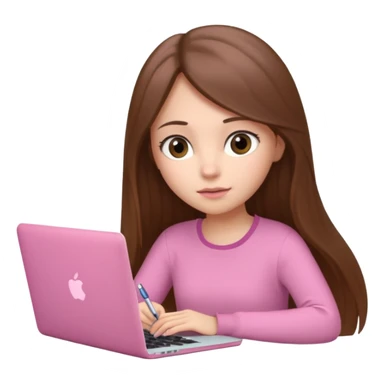 Chica lacia peli larga y peli larga  en una MacBook rosa investigando y haciendo tareas con un libro de apuntes y con cara muy linda como modelo sticker