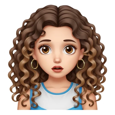 cute girl with not volominous VERY LONG curly/wavy brunette hair with balayage, brown eyes, full lips, cute makeup and hoop earrings white girl. wearing a cute top. SHOCKED FACE sticker