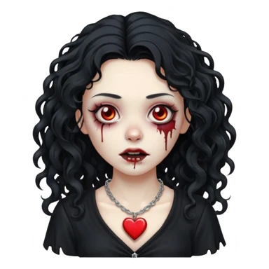 a zombie girl with a scar on her face, long curly hair, wearing a black blouse and a silver necklace with a heart pendant. sticker
