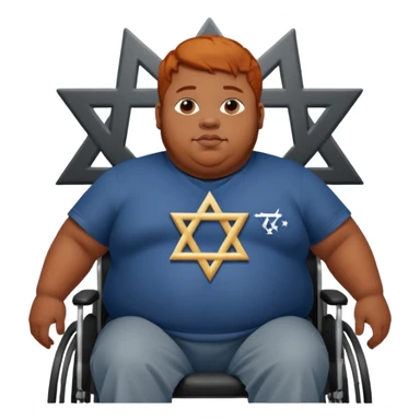 Obese Down syndrome black man with ginger hair in a wheelchair with a Jewish symbol  sticker