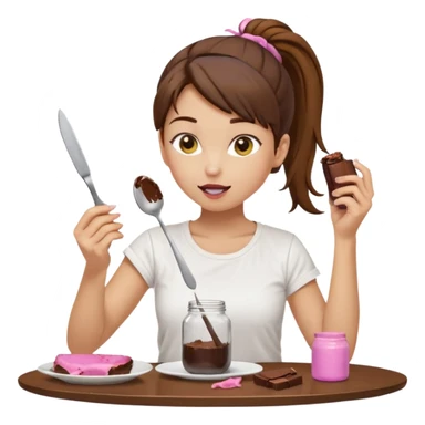 yellow-skinned woman with brown hair in a ponytail, wearing a white T-shirt. She’s sitting at a table, licking chocolate off a knife and holding a 'Banado' jar. On the table: a plate with crumbs, a fork, a glass of dark drink, and a pink lid. Simple brown background. sticker