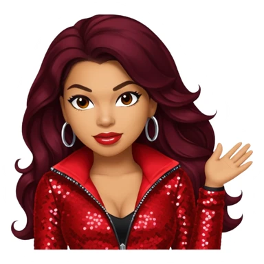 Jordin Sparks with long dark brown hair, red sequin outfit sticker