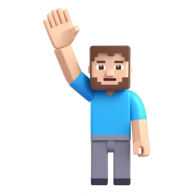 Minecraft Steve waving, blocky body, blue shirt, friendly smile, 3D emoji style sticker