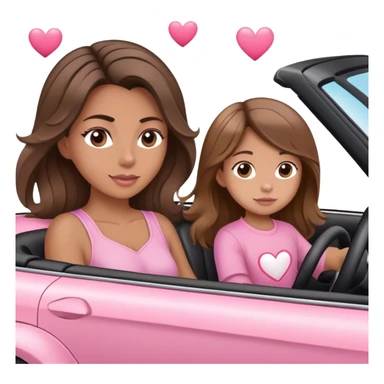 A mom brown long balayage Hair and one daughter Children white and brown hair,  driving in pink convertible with hearts  sticker