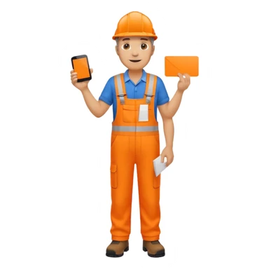 mature engineer hi-vis orange overalls standing full body holding a card sticker