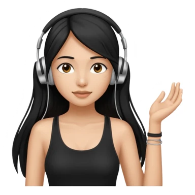 a fair INDIAN girl with straight black long hair, wearing a black cami top. and wearing silver  headphones on sticker