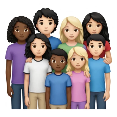 Group of diverse friends standing together, including a dark-skinned boy with straight hair, a light-skinned boy with straight blonde hair, a light-skinned girl with straight black hair, a mixed-race girl with straight brown hair, a light-skinned boy with wavy black hair, a mixed-race girl with dark curly hair, and in the center a light-skinned girl with wavy brown hair sticker