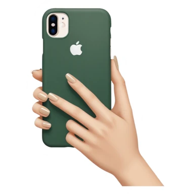 female hand with nude manicure (5 fingers) holding a white iPhone in a dark green case, minimalism, angled view sticker