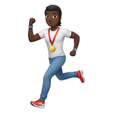 friendly anthropomorphised black stallion in jeans and a t-shirt, jogging upright in standard pose, holding a medal sticker