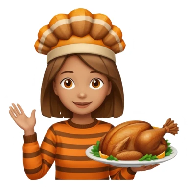 happy tan girl with an orange striped sweater and a cooked browned turkey on her head  sticker