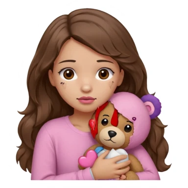 girl with long wavy brown hair, brown eyes, light to medium complexion, in a pink shirt, pink lips, long lashes, sad, hugging squeezing a teddy bear with a broken heart band aid sticker