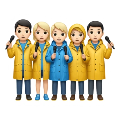 people with rain coat and microphone sticker