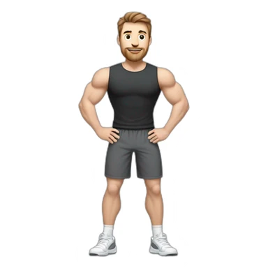 Full height Actively gesturing with hands Pale skinned Fit Man With the biceps and brown hair in dark gray Sleeveless Mike, black oversize sports shorts, watch and white Sneakers sticker