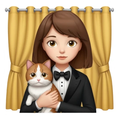 brown haired girl with curtain bangs holding a fat tuxedo cat sticker