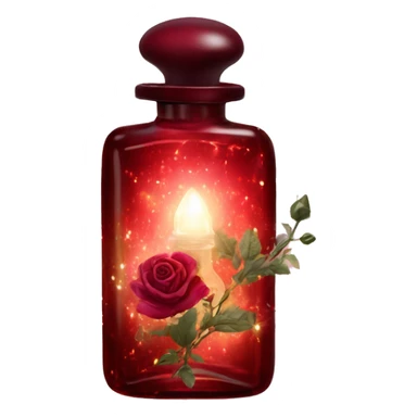 Dark red magic fairy light sparkling old Antique oil perfume bottle with herbal and rose flowers sticker