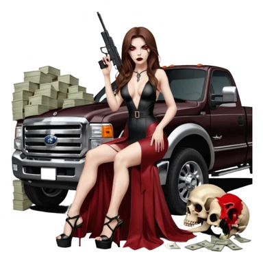 Lilith symbol red eye seductress evil long brown haired sexy succubus woman with leather long dress with slit, sitting in Big Large F350 pickup truck. Black Platform high heels on feet. Back of truck full of stacks of cash, sitting behind her is  a human skull with a gun in other hand sticker