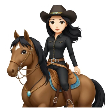 confident Asian woman with long black hair wearing black outfit riding a horse cowgirl style sticker