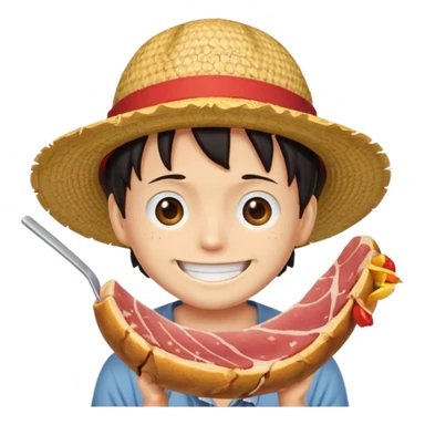 An emoji of luffy in a straw hat in one piece eating meat and laughing.  sticker