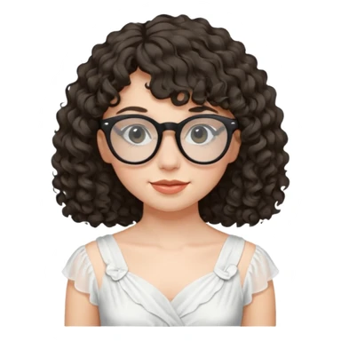create a frontend girl that has a round face curly hair with a side curtain bangs and wears black rayban glasses doesnt smile with her teeth and white sticker