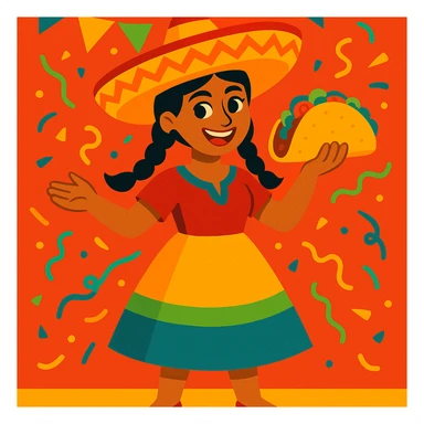 Mexican woman wearing a sombrero and holding a taco, vibrant and cheerful, full body, festive atmosphere sticker