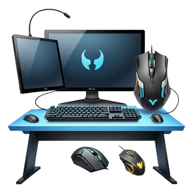 An icon featuring a gaming setup with a high-tech monitor displaying a competitive game, a keyboard, and a gaming mouse. The design includes a headset and a trophy, symbolizing victory and skill in esports. Transparent background highlights the energy and precision of professional gaming. sticker