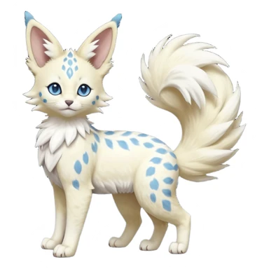 Albino-white, blue-eyed soft natural realistic romantic vintage antique divine beautiful elegant pretty precious cute young youthful  Fakémon-Pokémon-feline-Zeraora-Jolteon-serval-caracal-chinchilla-Minccino-Cinccino-Meowstic-rodent-hybrid-creature with a big fluffy bushy tail (full body) sticker