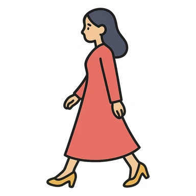 A girl walking from left to right, side view, wearing a long red dress and high heels, eastern style, thin clean outlines, soft rounded shapes, detailed drawing with shadows and highlights, pastel palette #98B5BC, #B5B3C1, #C9A3C9, #E4C0CA, #F7DCD1, #F7C0AA, modern Japanese pop art, soft lighting, transparent background, no extra decoration, focus on movement and elegance sticker