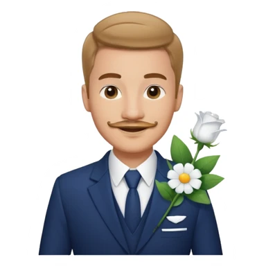 Homme 23 ans léger bouc moustache pas trop épaisse en costume bleu foncé chemise blanche insigne cabin crew portant bouquet fleur blanche souriant  sticker