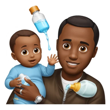 Sean “Diddy” Combs with baby oil and a very small infant and he’s pouring the baby oil on the baby and they have a scared face they’re really scared while diddy is happy sticker