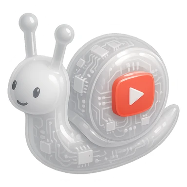 white robot snail with YouTube play button, glossy circuit style sticker