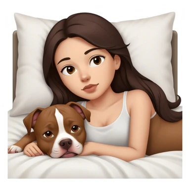 Girl long dark brown hair in layers cascading  down her face lays bed with her cell phone and her brown pit bull lays guarding her sticker