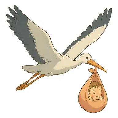 stork flying with a human baby in a bundle, ghibli style sticker