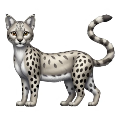 Realistic patterned marked edgy greyish blackish whitish silvery Shiny Colorful Glossy Cougar-Snow-Leopard-Caracal-Lioness-Bobcat-fusion-animal-hybrid-creature, full body, tufted ears, long thin tufted tail sticker