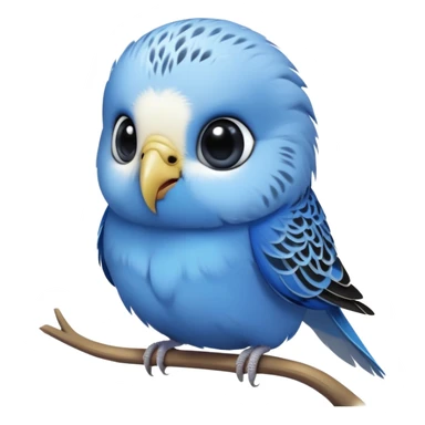 cinematic-cute-blue-budgie-portrait-emoji,-head-tilted-playfully-and-inquisitively,-featuring-a-brilliant-blue-feathered-fur-and white and black feathered face-with-a-natural-sheen,-round,-sparkling-dark-eyes-filled-with-curiosity,-simplified-yet-irresistibly-adorable sticker