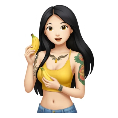 Beautiful Asian girl with long black hair and body tattoos eating a banana sfw sticker