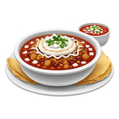 a hot bowl of pozole with a side of tostada with sour cream and red salsa sticker