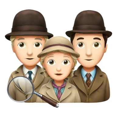 Icon for Detective Movies: A colorful collage with Sherlock Holmes, Miss Marple, and Pinkerton. Include magnifying glasses, clues, and detective tools. The design should evoke mystery and intrigue, with a classic detective movie feel. Transparent background. sticker