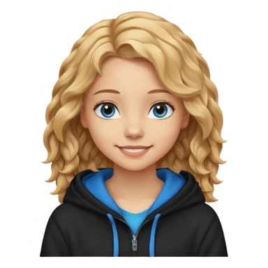 мила дівчинка з пшеничним хвилястим волоссям до грудей з голубими очами в чорному худі посміхається sticker