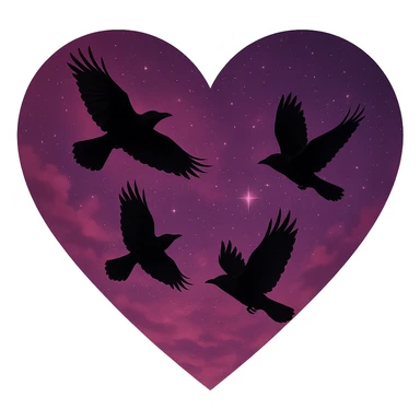  heart with pink night sky and dark ravens, remove background sticker