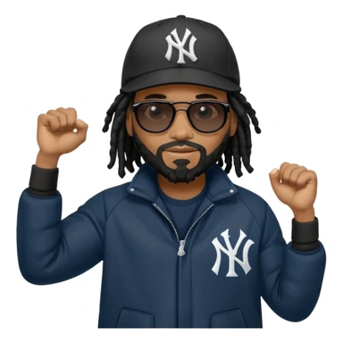 African American man with shoulder length black dreadlocks with black beard wearing black sunglasses wearing a New York Yankees logo baseball cap wearing a all dark black bubble winter coat flexing arm muscles sticker