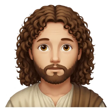 "Jesus with medium curly hair, not long, gentle expression, realistic yet soft digital painting, warm and serene colors." sticker