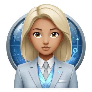 Artemis, A sleek female avatar with a focused, forensic gaze, wearing a minimalist white and silver tailored suit accented with moonlight blue. She is analyzing a transparent holographic interface displaying complex global sovereign credit data. sticker