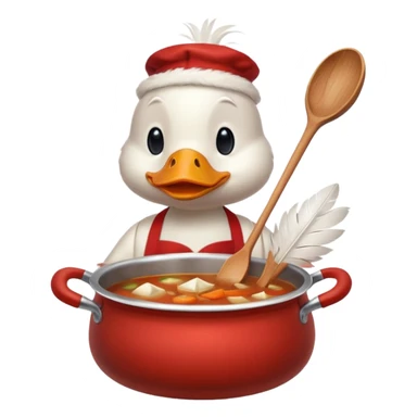 A duck wearing red apron stirring soup in a small pot, looking very focused. sticker