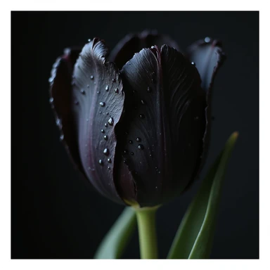 realistic goth tulip with black petals and dewdrops, photorealistic style sticker